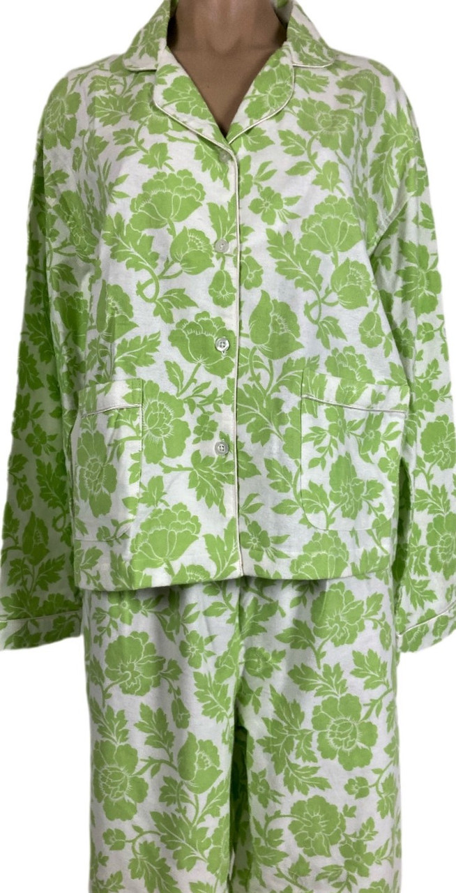 Cozy up in this fresh spring green print cotton flannel pajama set from  Pine Cone Hill.