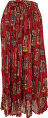 Deep Red Festive Print Crinkle Cotton Broomstick Skirt One Size