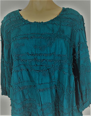 Peacock Blue Tianello Embroidered & Textured Cotton Top 