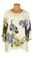 Citron of Santa Monica Paulette Pullover Relaxed Silk Top with Cranes and Flowers   Small