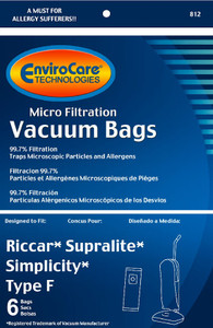 Replacement Riccar / Simplicity / CleanMax Paper Allergen Vacuum Bags - Supralite / Freedom / Zoom Models (Soft Bag Compartment) - 6 Pack
