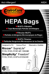 Replacement Riccar / Simplicity / CleanMax HEPA Allergen Vacuum Bags - Supralite / Freedom / Zoom Models (Hard Bag Compartment) - 6 Pack