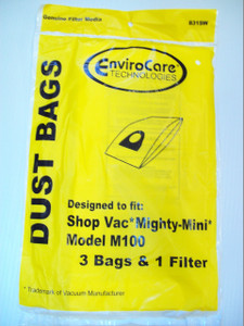 Shop Vac Mighty Mini M100 3 Vacuum Bags & 1 Filter 831SW, 90106