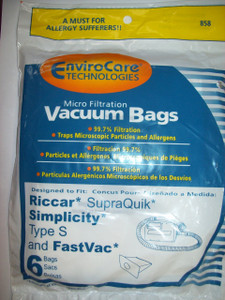 Riccar SupraQuik/Simplicity Type S/ FastVac/RSQ1-One Package of 6 Micro Filtration EnviroCare brand Bags 