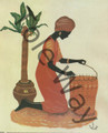 Woman kneeling making basket in orange dress (8x10)