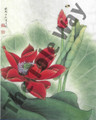 A traditional-style lotus painting featuring a vibrant red bloom, lush green leaves, and a hovering bee, complete with elegant Chinese calligraphy and a classic seal