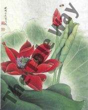 A traditional-style lotus painting featuring a vibrant red bloom, lush green leaves, and a hovering bee, complete with elegant Chinese calligraphy and a classic seal