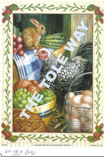 A charming farm‑themed illustration featuring a speckled hen, a small rabbit, and an assortment of fresh produce, all framed by a festive holly border.