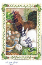 A rustic farm‑themed illustration featuring a rooster, two white rabbits, and a collection of fresh eggs and vegetables, all framed by a floral border. Rooster and Bunny with eggs.