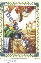 A rustic kitchen‑themed print featuring a white chicken surrounded by eggs, vegetables, bread, and cheese, all framed with a leafy floral border.