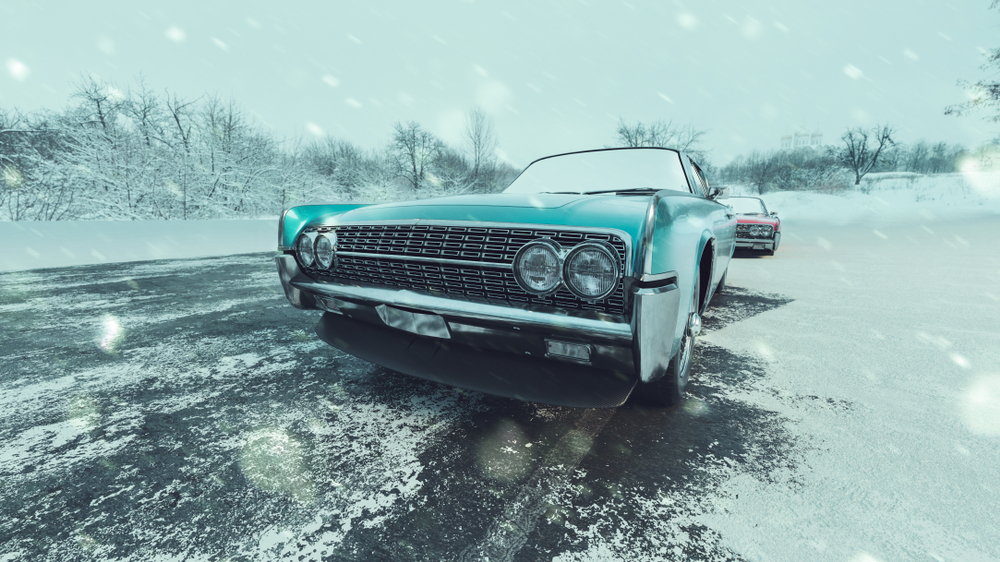 driving classic car winter