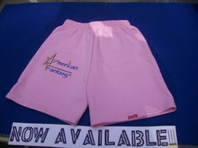 Shown here in a pink 2xl cotton-blend with an original large model exclusive service mark logo to show quality. Cotton-blend 2 location embroidered shorts only are offered up to 2xl here at this time. Cheer cotton shorts are available here too. Service mark has newly been modified to 3"x 2" mini right front closer to the bottom & the EST. 2009 is located on the left side still, only splitting the side seam to match all shirts.
