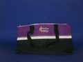 Shown here laying down in durable 600-denier polyester duel colored purple/black and hot! All totebags come with a zipper-closure as a new feature, although specialty items may vary. All duel colored bag sizes are 17"L x 14"H x 3"W and solid colors are very similar in size.
