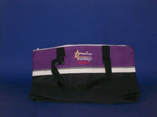Shown here laying down in durable 600-denier polyester duel colored purple/black and hot! All totebags come with a zipper-closure as a new feature, although specialty items may vary. All duel colored bag sizes are 17"L x 14"H x 3"W and solid colors are very similar in size.
