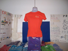 5.3 oz. 100% cotton tight Missy fit T shirt. Shown here embroidered in orange. There's loads of exotic colors to choose from too. Orange seems to be the hot thing in 2014 like blue in 2017 so here's some candy to dream of... Product note: Vinyl heat transfer option is similar to screen-printing with the same great aesthetic and durability just a slightly different process.