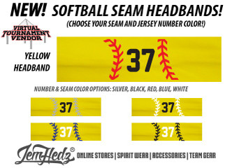 Stretchy cotton headband with softball stitch design and jersey number in your choice of print color and texture