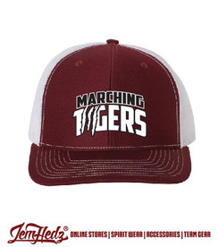 Cardinal/white Richardson trucker snapback cap with PN Marching Tigers embroidered logo
