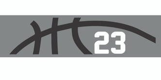 Grey stretchy cotton headband with basketball seam design and jersey number 