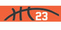 Orange stretchy cotton headband with basketball seam design and jersey number 