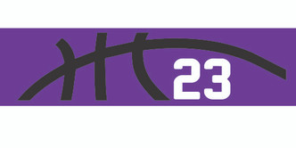 Purple stretchy cotton headband with basketball seam design and jersey number 