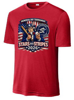 Schererville Stars & Stripes 2026 RED Tournament T-Shirt. Participating teams are printed on the back.