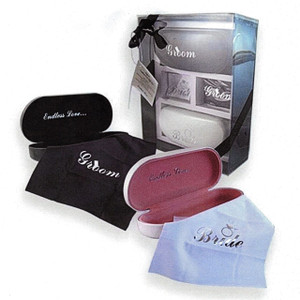 Bride and Groom Wedding Set: cleaning cloths for each, hard cases, and sunglasses for each