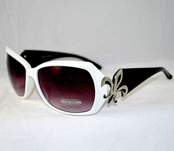 3/4 view of black & white sunglasses