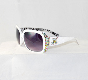 3/4 view of multi-color sunglasses w/Fleur de Lis 