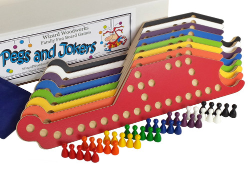 Pegs and Jokers complete 8-player game set includes 3 decks of cards and storage box.
