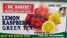 Lemon Raspberry green tea packets in white box 
