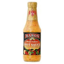 Baron's Hot Sauce in a glass bottle with Yellow and Orange labeling 