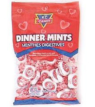 Dinner Mints KC Candy wrapped individually in a clear plastic with Red and Blue labeling