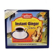Caribbean Dreams Un-sweet Instant Ginger Tea 14 Sachets packaged in a box with Black, Yellow, and Orange labeling 