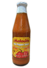 Matouk's Hot Pepper Sauce 26oz packaged in a glass bottle with Orange and Red labeling 