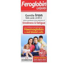 FEROGLOBIN LIQUID GENTLE IRON 200ML packaged in a rectangular box with White and Red labeling 

FOR TIREDNESS&FATIGUE,HAEMOGLOBIN&RED BLOOD CELL
