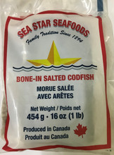 SEA STAR BONE-IN  SALTED CODFISH 1 LB packed in clear plastic with Red and White labeling 