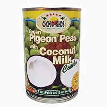 Ocho Rios Green Pigeon Peas with Coconut 15 oz. packaged in an aluminum can with Yellow and Lime Green labeling. 