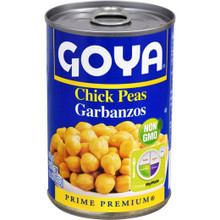 Goya Chick Peas 15.5 oz. packaged in an Aluminum can with blue labeling.  