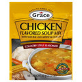 Grace Chicken Flavored Soup Mix Country Style Seasoned 60 grams packaged in a Gold and Red packet 
