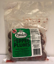 Paula's Pepper Plums 170 grams 
Delicious Pepper Plum treat packaged in clear plastic with a green label 