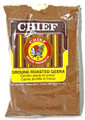 Chief Ground Roasted Geera 8.1 oz
Clear packaging with Brown and Yellow label 
