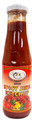 JCS Spicy Jerk Ketchup 13.75 oz.  in a glass bottle with a White Cap. 
