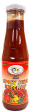 JCS Spicy Jerk Ketchup 13.75 oz.  in a glass bottle with a White Cap. 