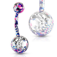 NSD1903 Pink and Purple Paint Splatter Navel Ring with Large CZ