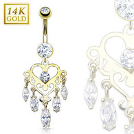 GDN1161 14 Karat Gold Belly Ring with Marquise CZ Dangle Heart Chandelier
