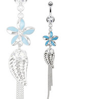 NAL13258 Flower with Leaf and CZ Dangle Navel Ring