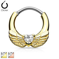 SEP2-06 Angel Wings with Heart CZ Gold IP Septum Clicker