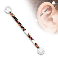 Black and Orange Splatter Pattern Industrial Barbell with Clear UV Balls BSPA01-02