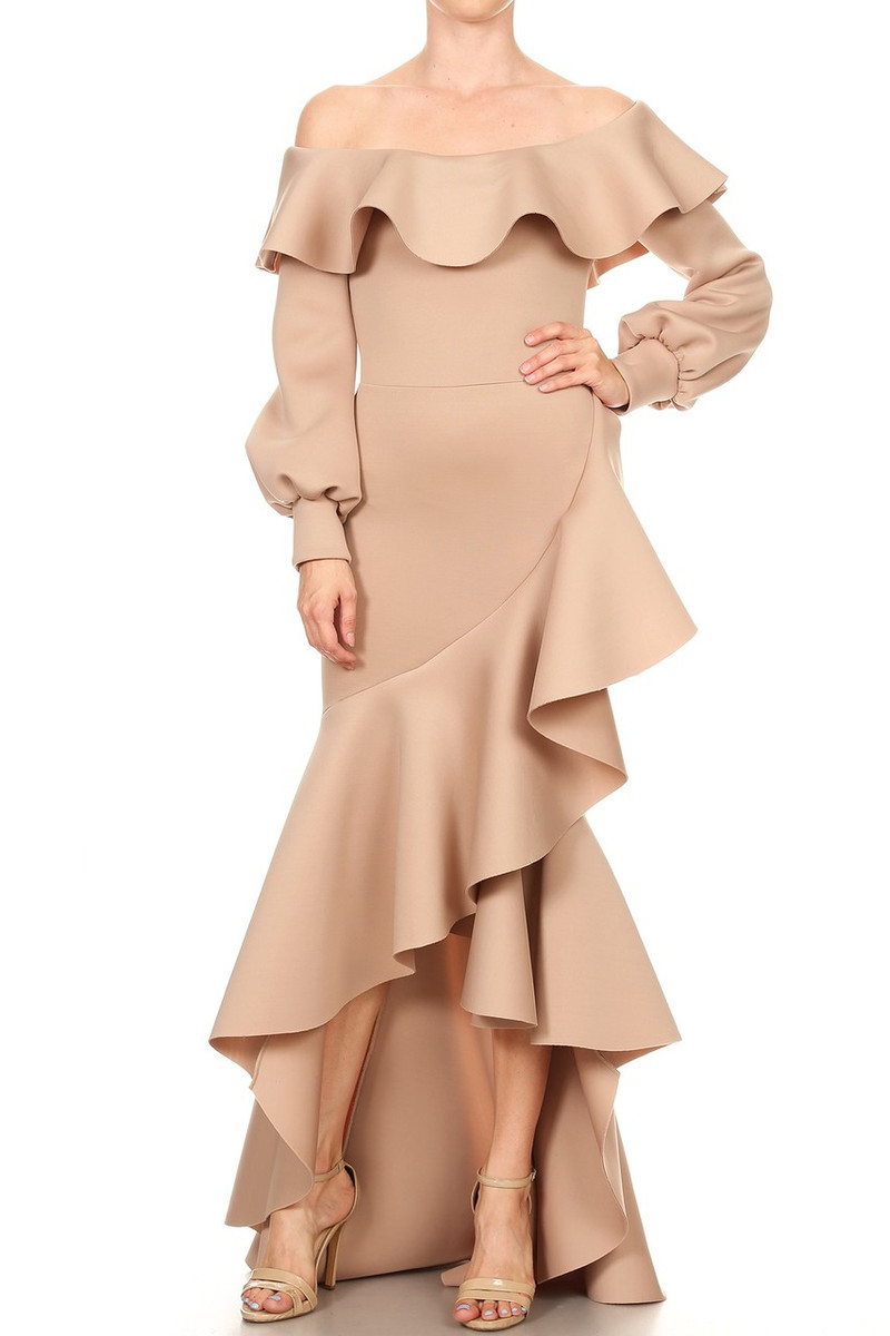 nude ruffle dress