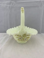 FENTON HAND PAINTED CUSTARD GLASS BASKET WITH SPARKLY DAISIES AND RUFFLED EDGE